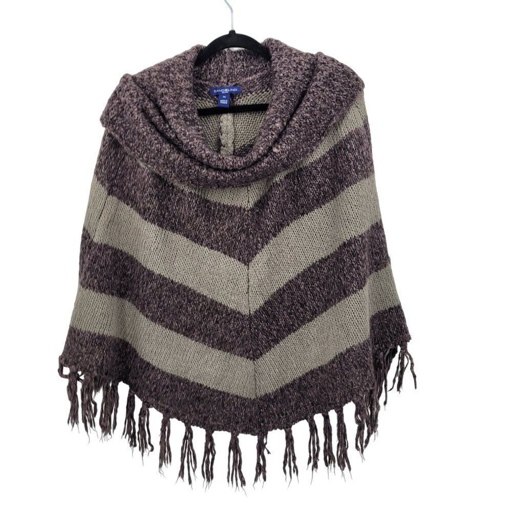 Bandolino Fringe Knit Cowl Neck Poncho PM Purple Gray Chevron Stripe Boho Hippie
